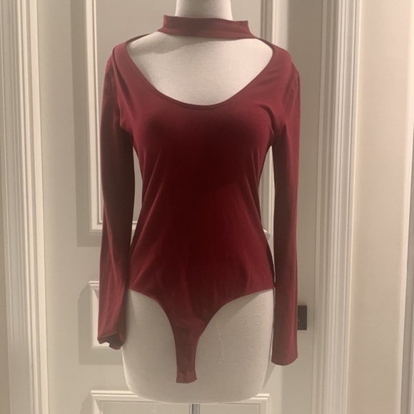 Berry mock neck open chest bodysuit - Picture 1 of 2